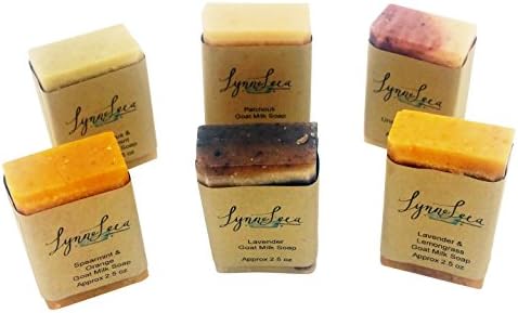 Lynne Leea Handmade Essential Oil Goat Milk Soap Sampler Gift Set, with 6 ( 2.5 oz) Scented Bars - Patchouli, Spearmint &amp; Orange, Eucalyptus &amp; Peppermint, Unscented, Lavender &amp; Lemongrass and Lavender