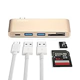Type-C USB 3.0 5 in 1 Combo Hub for MacBook, Aluminum Multi-Port Adapter with USB-C Charging Port, Type-C Pass Through, 2 USB 3.0 Ports, SD/Micro Card Reader (Gold)