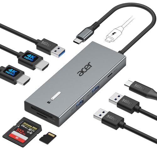 acer USB C Docking Station Dual HDMI, 9IN1 Typ C Hub auf HDMI 4K@60Hz, 3*USB-A, 1*Typ-C 5Gbps, 100W PD, SD/TF Kartenleser, Multiport für 2 Monitoren,