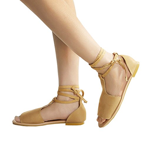 Sunyastor Summer Sandals for Women Casual Summer Open Toe Shoes Comfortable Lace up Fringed Ankle Strap Suede Dress Shoes Brown