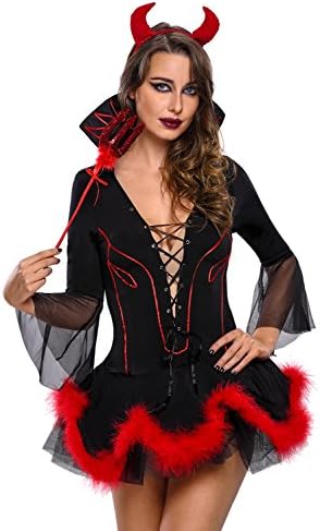 Women Iblis Devil Costume Halloween Party Cosplay Sexy Dress Head Piece Pitch Fork Included (XXXL, Black)