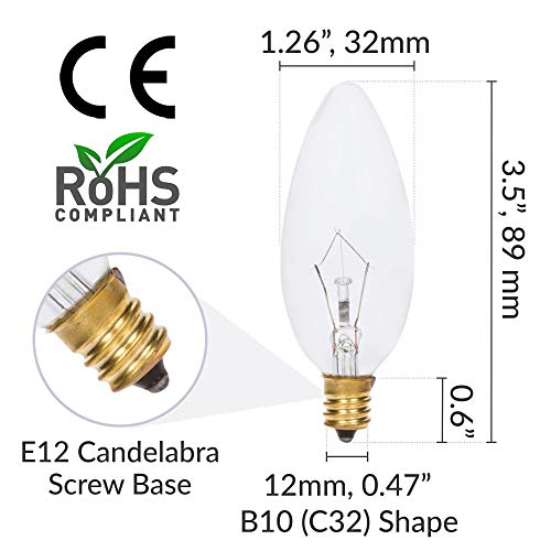 Simba Lighting Candelabra Torpedo Clear B10 CTC 60W E12 Base (12 Pack) Decorative Incandescent Light Bulbs 120V for Chandeliers, Ceiling Fan Lights, Pendants, Wall Sconces, Dimmable, Warm White 2700K