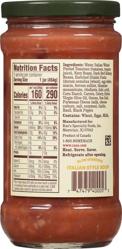 RAO’S HOMEMADE PASTA FAGIOLI SOUP, 16OZ, REAL VEGETABLES, TRADITIONAL ITALIAN HEAT AND SERVE SOUP, 1 POUND (PACK OF 1)