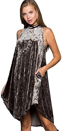 Zen Canyon Crushed Velvet Mock Turtleneck Sleeveless Dress with Pockets Hi-Lo Hem - Made in USA (Large, Latte)