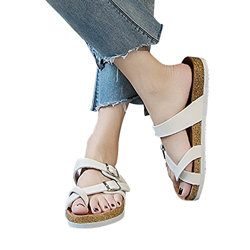 Kauneus  Women's Toe Ring Cork Sandal/Classic Ladies Sandal/Flat Footed Dual Adjustable Buckle/Breathable Open Toe Slide White