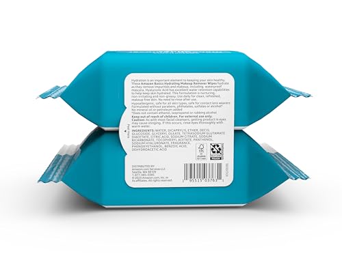 AMAZON BASICS MAKEUP REMOVER WIPES, GENTLE CLEANSING, DERMATOLOGIST TESTED, HYDRATING, PLANT BASED, ALCOHOL FREE, REMOVES WATERPROOF MASCARA, 25 COUNT PER PACK, PACK OF 2 (PREVIOUSLY SOLIMO)