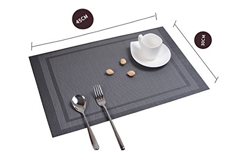ISOTO Placemats Heat-resistant, Stain Resistant PVC Woven Vinyl Table Mats, Kitchen Eat Mats Decoration Dinnerware, Glassware, Flatware Dining Table Set of 4 (Grey)