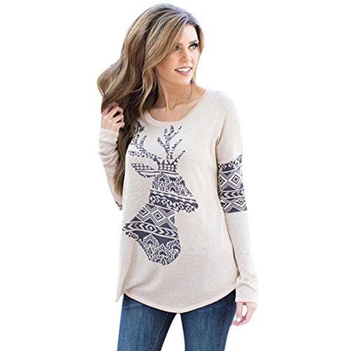 Womens Loose Elk Deer Printing Splice Long Sleeve Tops Knit Cardigan (M, Khaki)