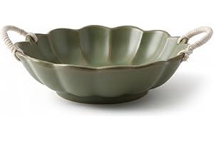 Amitofo Small Vintage Scalloped Ceramic Bowl with Rope Handles, Retro Style Glazed Purse Bowl for Serving Fruit,Salad,Table C