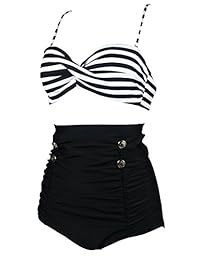 Traje de baño retro con bikini a lunares de cintura alta y cinturón vintage ceñido (FBA)