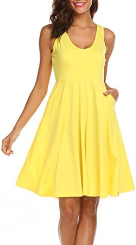 MISELON Women Party Juniors Flared Skater Sun Dress with Pocket (Yellow, S)