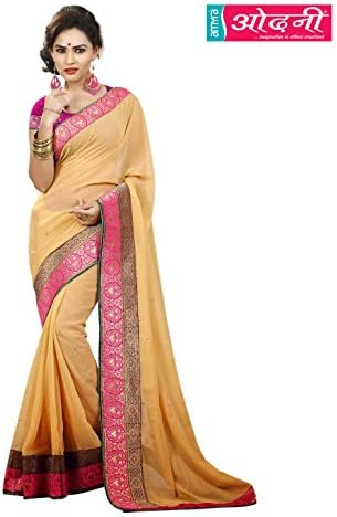 Odhni Women's Indian Bollywood Embroidered Beige Chiffon Saree
