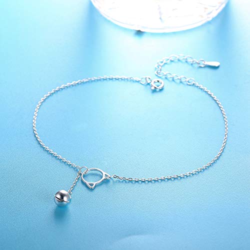 Sllaiss 925 Sterling Silver Cute Cat Bell Anklets for Women Dainty Beach Ankle Chain Boho Foot Jewelry for Mother's Day Girlfriend