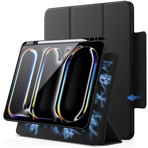 JETech Detachable Magnetic Case for iPad Pro 11 Inch M5/M4 (2025/2024) with Pencil Holder, Removable Rotating Clear Case, Portrait/Landscape Stand (Black)