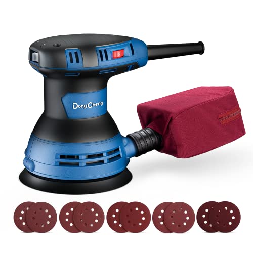 DongCheng Exzenterschleifer 125mm, 300W Variable Drehzahl Schleifer Kit mit Staubbeutel und 10-Stück Multischleifer Schleifpapier, für Holzbearbeitung, Modell DSA125