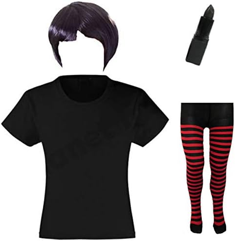 Blue Planet Fancy Dress ® Childrens Kids Girls Dracula Girl Fancy Dress Costume (Black Top,Bob Wig,Lipstick,Striped Tights) (7-8 years)