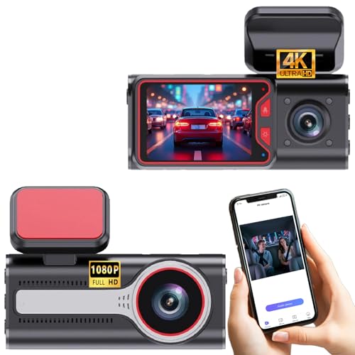 Dashcam Frontal y Trasera Dos en Uno Frontal 4K + Trasera 1080P, Gran Angular 170°, Amplio Rango Dinámico (WDR), Función de Visión Nocturna, G-Sensor, 24H Monitor de Estacionamiento, Control WiFi