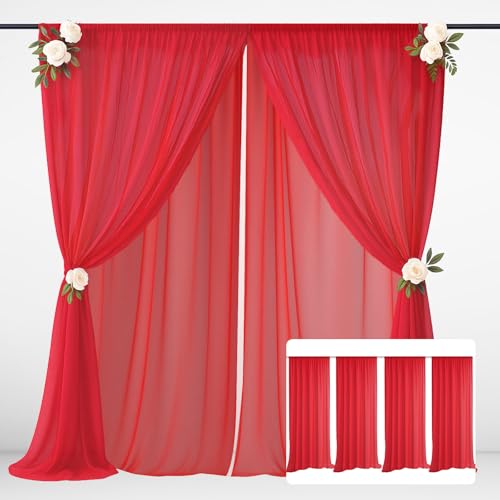 EMART Rot Hintergrund Vorhänge, 1,5x3m(4 Teilig) Tüll Chiffon Stoff Drape