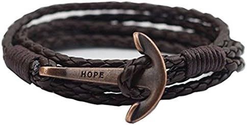 Brown Leather Anchor Bracelet for Men and Women-Durable Leather Bangle-Unisex Fashion Jewelry (Brown 14.5)