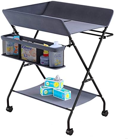 Upgrade Gray Heightening Baby Changing Table On Wheels - Nursery Infant Dresser Storage Unit Station