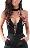 Angashion Women's Sexy Sleeveless V Neck Short Jumpsuit Embroidered Bodysuit,Black,US 2/Tag S
