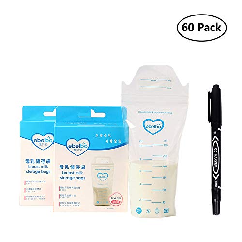 60 Count Breastmilk Storage Bags 10 Oz/300ml Breastfeeding Freezer Storage Container Bags for Breast Milk BPA Free & Comes Pre-sterilized with Leak Proof & Accurate Measurements (10 Oz/300 ml)