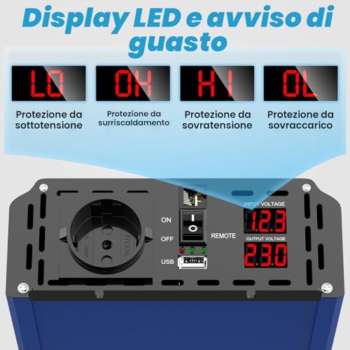 1500 W/3000 W Inverter 12 V 220 V Pure Wave Power Inverter 12 V 220 V/230 V Power Transformer – Remote Control & USB & EU Socket for Car Camper Boat
