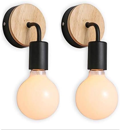 Modern Wood Wall Lights Loft Black Wall Lamp E27 40W LED Vintage Wrought Wood Iron Wall Light Retro Wall Sconce Fixture Fitting Bedside Lamp for Living Room Bedrooms,Black 2 Pack