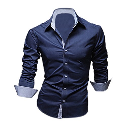 Moda para hombre de lujo de manga larga casual delgado estilo camisas de vestido Azul oscuro - M
