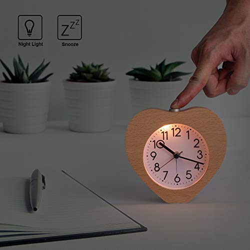 Night Light Alarm Clock, Silent Alarm Clock with Snooze & Gentle Wake, Battery Operated Wooden Heart Clock Decorative for Bedroom, Den, Office - Burlywood, 4 Inch