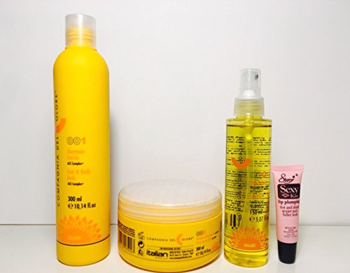 Compagnia Del Colore Solari 001 Hair & Body Bath Ace Complex 10.14 Oz, 002 Restructuring Mask Ace Complex 10.14 Oz and 000 Sun Oil Ace Complex 5.07 Oz”Free Starry Sexy Kiss Lip Plumping 10 Ml”