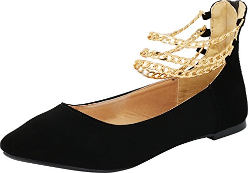 Cambridge Select Women's Closed Pointed Toe Back Zip Chain Ankle Strap Ballet Flat