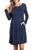 ZESICA Women's Long Sleeve Solid Color Pockets Casual Swing Pleated T-shirt Dress