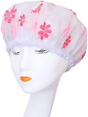Mlotus Elastic Reusable Waterproof Shower Cap for Women Bath Spa Transparent Pink Flower (pack of 2)