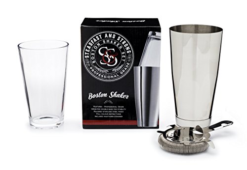 Boston Cocktail Shaker and Strainer Set - By Steadfast and Strong - Professional Bartending Supplies - Silver Cup and Pint Glass