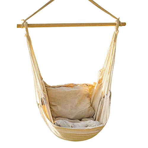 RX-789 Cotton Fabric Wood Hammock Chair Swing Seat Hanging Rope Indoor Outdoor Patio Yard Garden Beige
