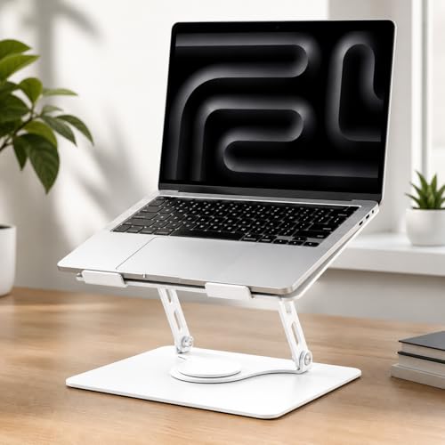 Suporte para Notebook e Tablet com Rotação 360°, Altura e Inclinação Ajustáveis e Braços Duplos — Alumínio Ergonômico Dobrável, 11 a 17 Polegadas, alta resistência