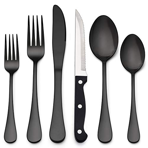 LIANYU 24Piece Black Silverware Set, Stainless Steel Flatware Cutlery