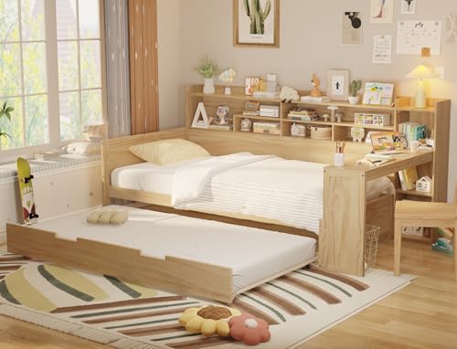 Merax Twin Size Corner Bed Frames with Desk and Trundle & Storage Shelves Headb…
