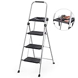Delxo Folding Steel 3-Step Stool Ladder Tool Equipment for Indoor, Outdoor with Soft Handgrip Anti-Slip Widen Pedals Safe Metal Lock Design 330lbs Capacity