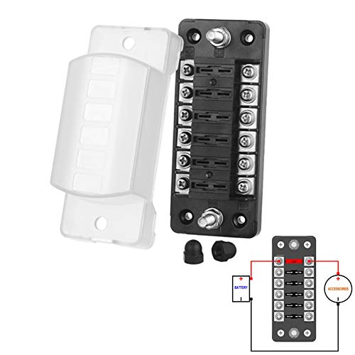 Jtron 6-Compartment Car Fuse Box for ATO/ATC 1-20A Fuse, DC 32V, M5 Screw Connector, Fuse Holder with Fuse for Car, Boat, Marine, SUV (6-Way, No Negative)