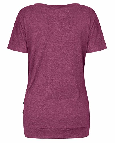 Anicco Button Down Shirts For Womens Casual Round Neck Loose Tunic Top Blouse Maroon-XL - Thumbnail 5