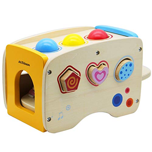 image for ATDAWN Wooden Shape Sorter Bus with Slide Out Xylophone, Wooden Musica
