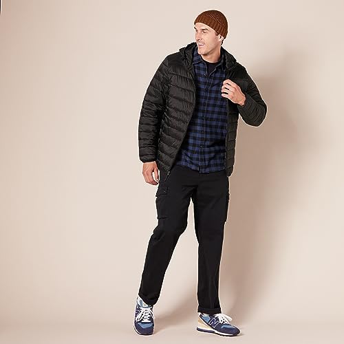 Amazon Essentials Men's Lightweight WaterResistant Packable Hooded Puffer Jacket, Black, Large
