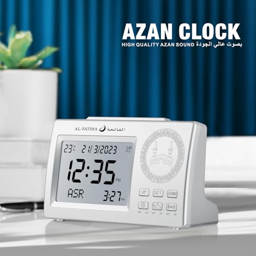 ACHAS Athan Table Clock, Azan Clock Prayer Alarm Table Clock,ساعة الأذان Prayer Digital Alarm Clock with Worldwide Times and Backligh (Silver)