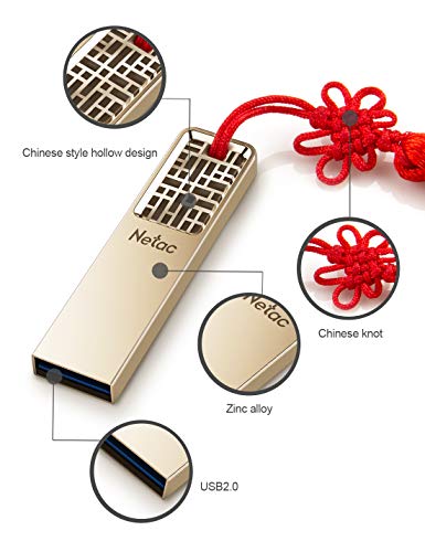 Netac 32GB USB Flash Drive, Flash Drive USB 2.0, Chinese Hollow & Knot Design Memory Stick, Flash Drive Gold Metal Housing Body - U327