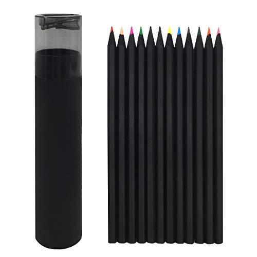 Colored Pencils, 12 Colors Black Wood Set with Sharpener, Oil Based Colored Pencils Artist Quality for Adults Coloring and Kids Doodling Drawing Painting Sketching Writing School, Pre-sharpened