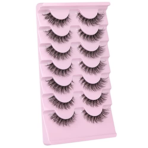 JIMIRE False Eyelashes with Clear Band 3D Fluffy Lashes Demi-wispies Natural Look Cat Eye Faux Mink Fluttery Eyelashes 15MM D Curl Eye Lashes Pack 7 Pairs