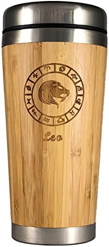 The Zodiac Mug | Premium insulated travel mug for Coffee & Tea | Natural bamboo and Stainless Steel | 15.2 oz.(450ml) | Spill Proof Lid | Slip resilient base | Wooden engraving (Leo)