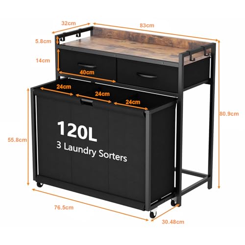 KISFAM Cesto Ropa Sucia con 3 Bolsas Extraíbles con Ruedas, Cestos para la Ropa Sucia para Organización y Almacenamiento con 2 Cajones Extraíbles para Usar en la Lavandería, el Baño o el Dormitorio